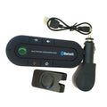 Black Bluetooth handsfree car kit with back clip, auxiliary cable, car charger and USB cable.