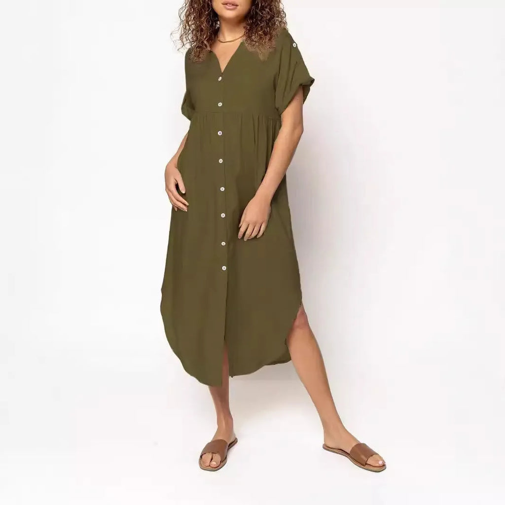 A solid colour mid-length casual dress with a button-down front and regular sleeves on a hanger.
