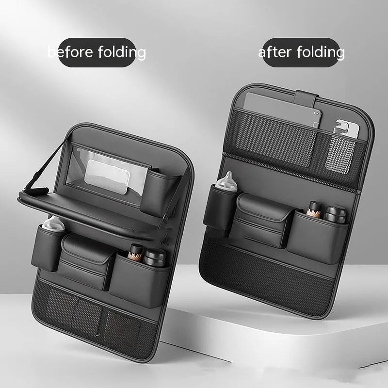 Leather car seat storage bag in black with handle and foldable dining table