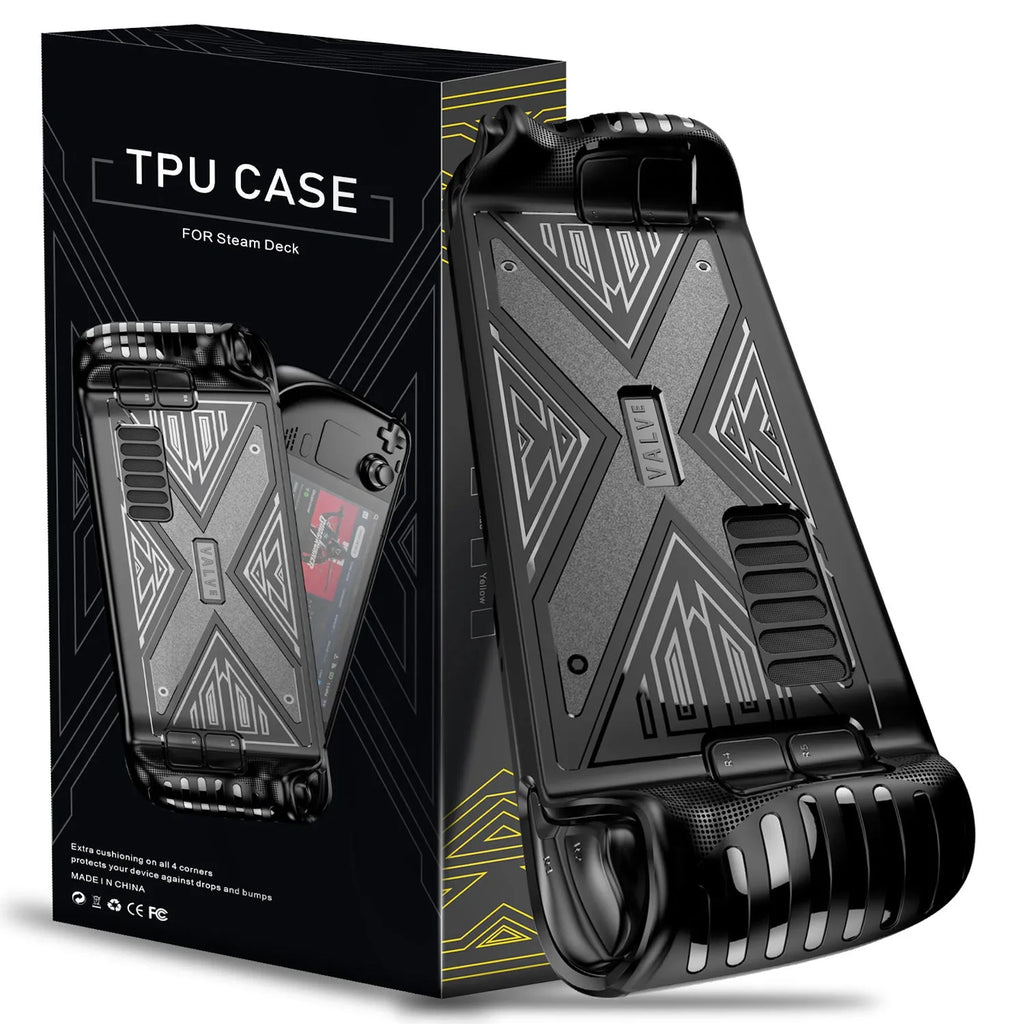 TPU silicone soft shell protective case for Steam Deck console in red, blue, and black colour options.