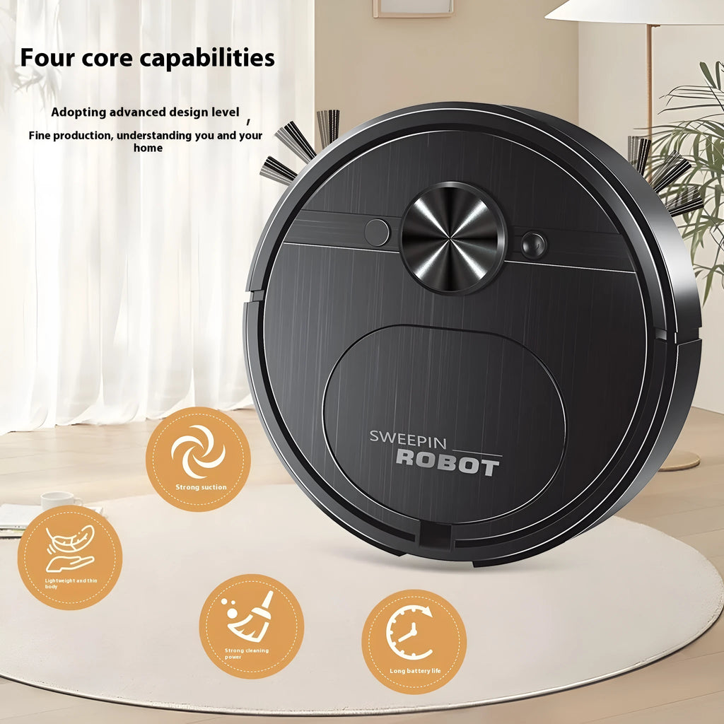 USB charging robot vacuum cleaner with automatic 3-in-1 cleaning functions in black or white colour.