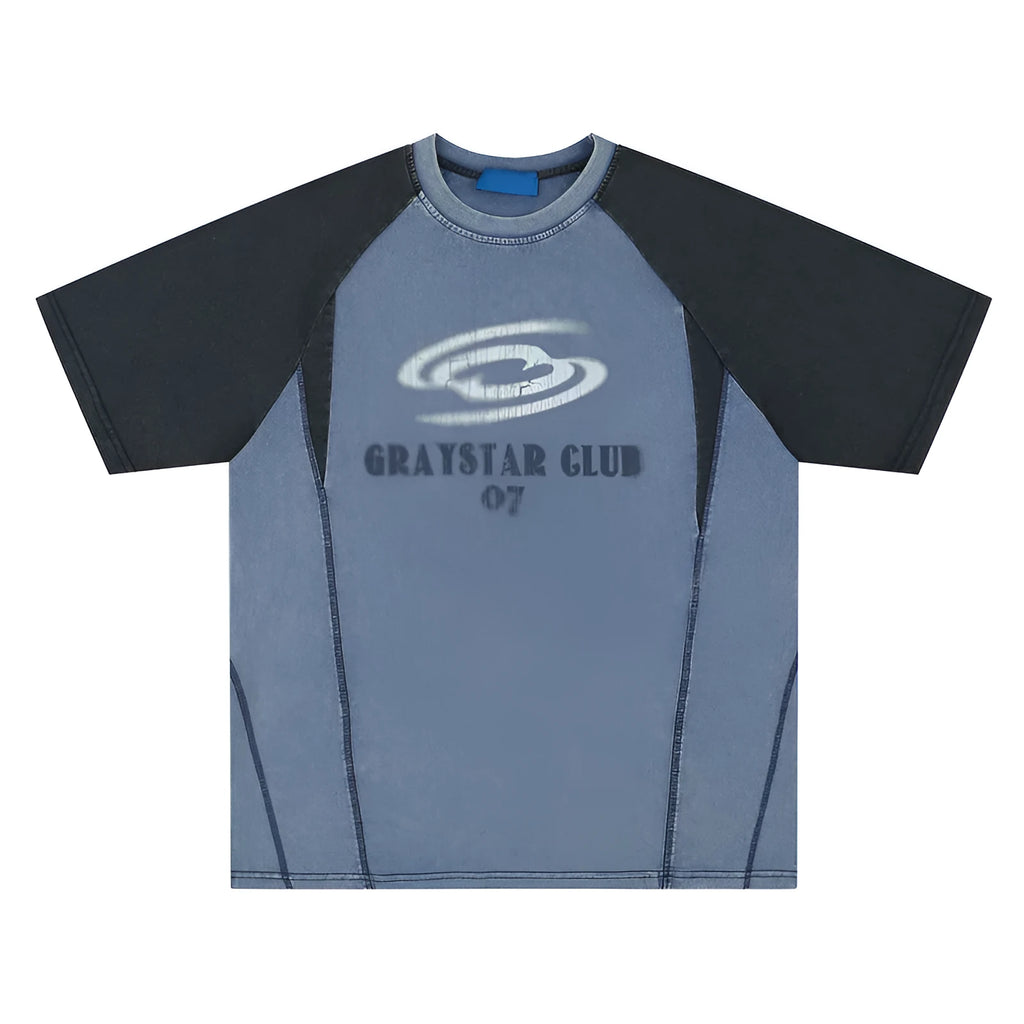 Men's blue hip hop T-shirt with white letter print and raglan sleeves on hanger
