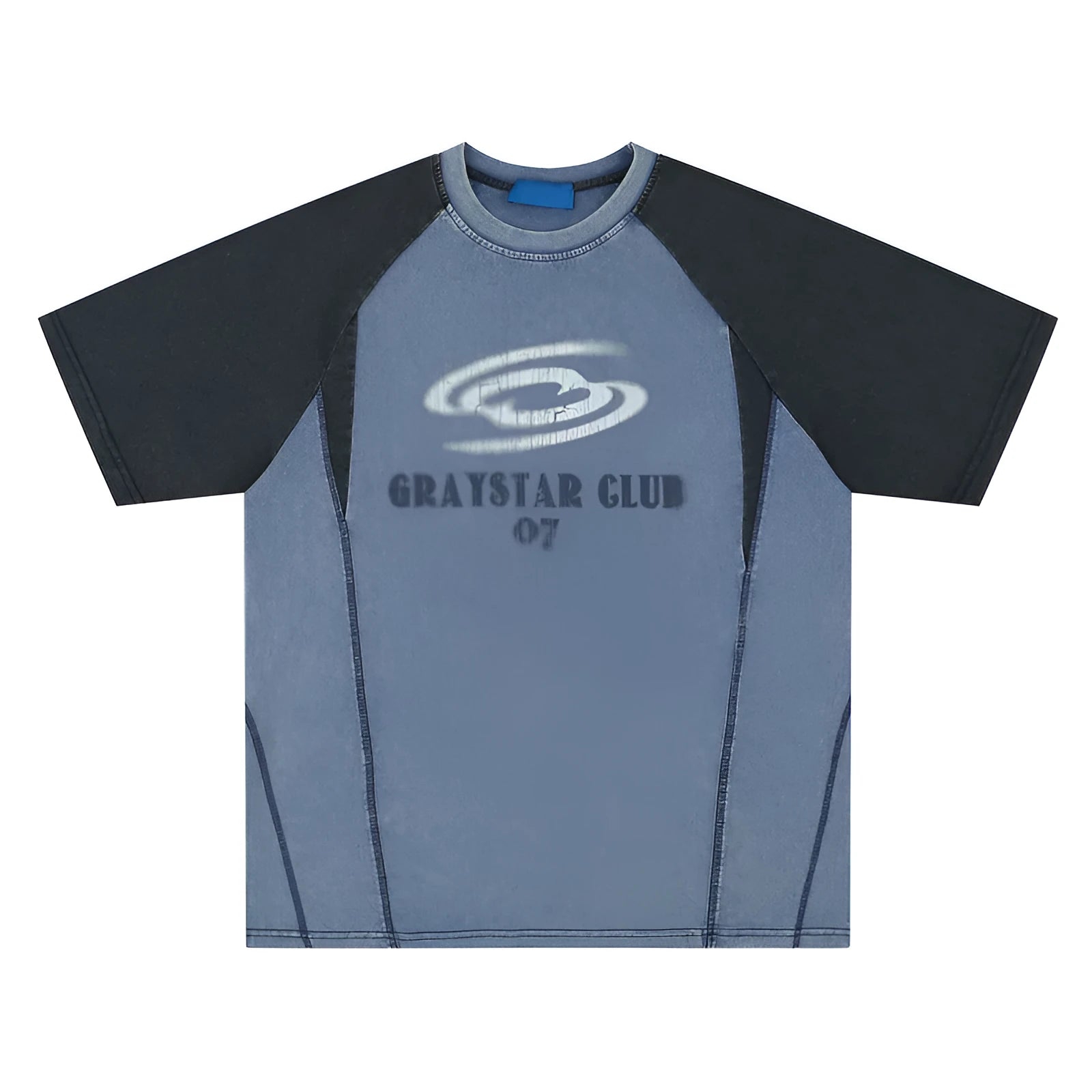 Men's blue hip hop T-shirt with white letter print and raglan sleeves on hanger