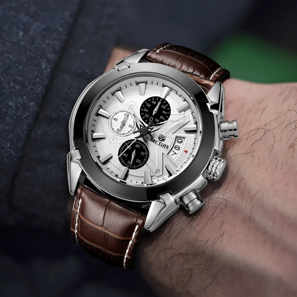Men's multifunctional quartz watch with three-eye timing and luminous waterproof dial