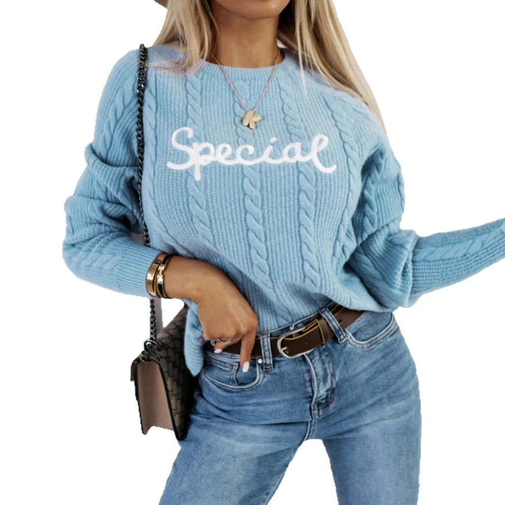 Blue embroidered text pattern pullover sweater with crew neck