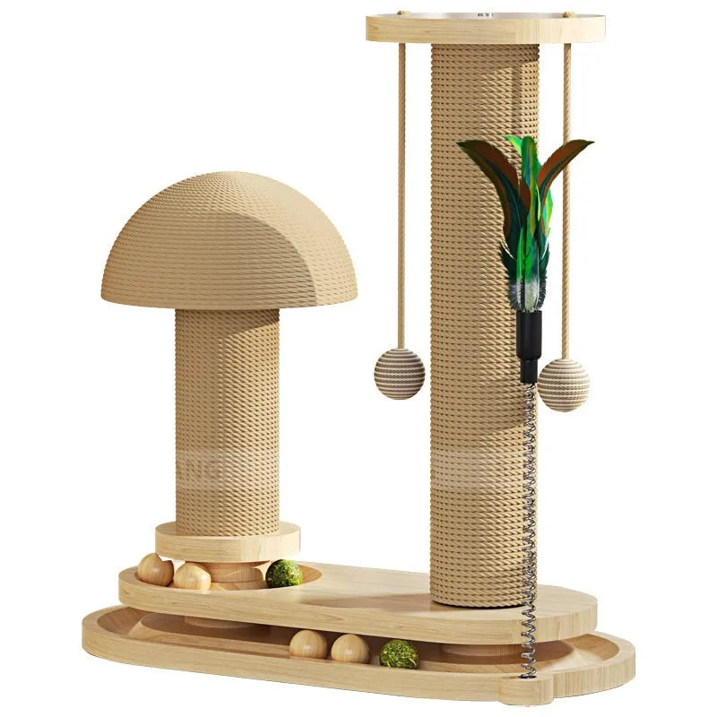 Solid wood cat scratching post with a central rotating turntable in a natural finish.
