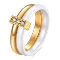 Geometric ceramic women's ring with a round 6mm zirconia stone in steel black colour.