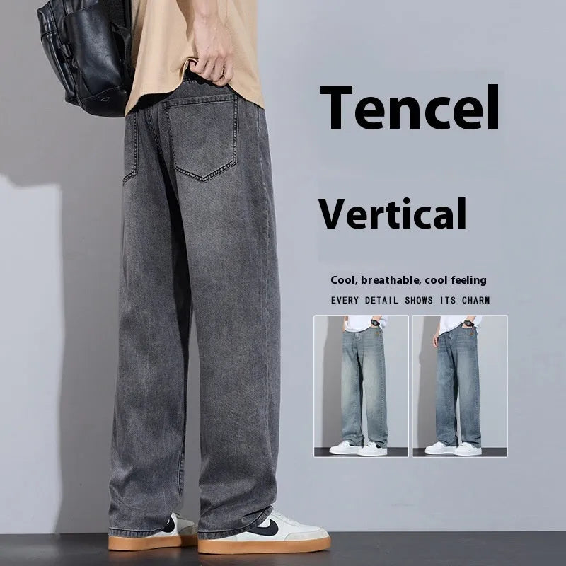 Straight-leg casual trousers in denim fabric with wide-leg design and zip fly opening