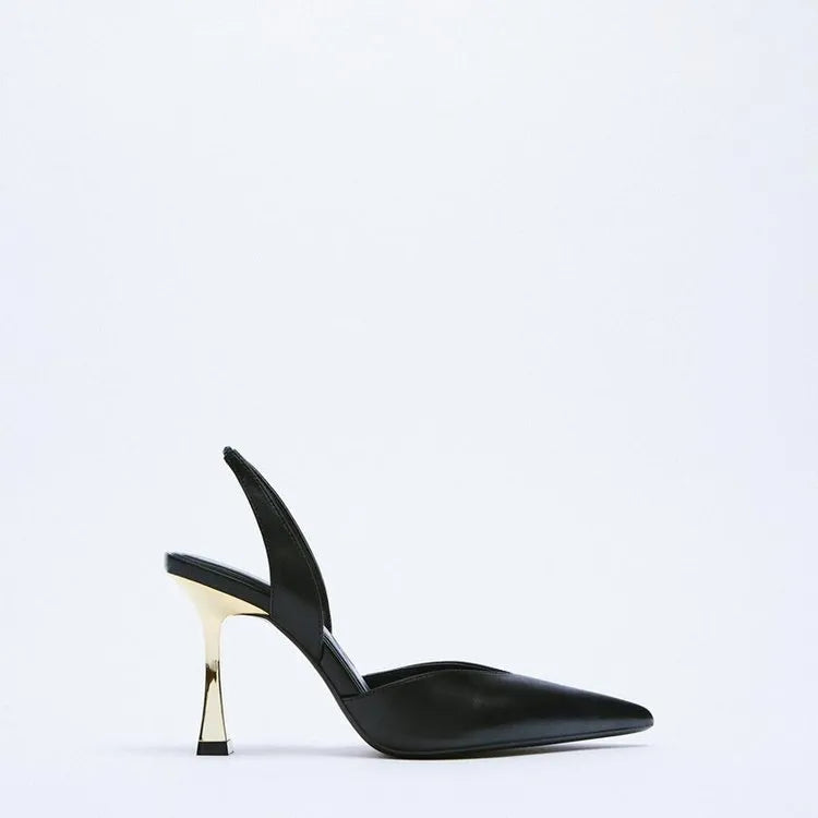 Apricot and black patent leather pointed toe high heels for women with a shallow mouth design.