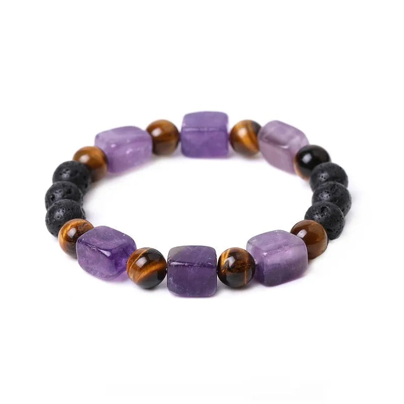 Square amethyst stone bracelet with rectangular blue stone beads and geometric design