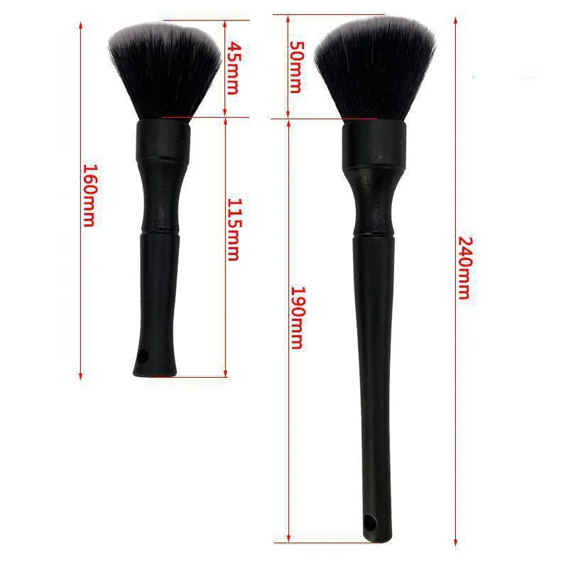 Black car detailing brush with soft pig hair bristles on a PP plastic handle, shown in large and small sizes.