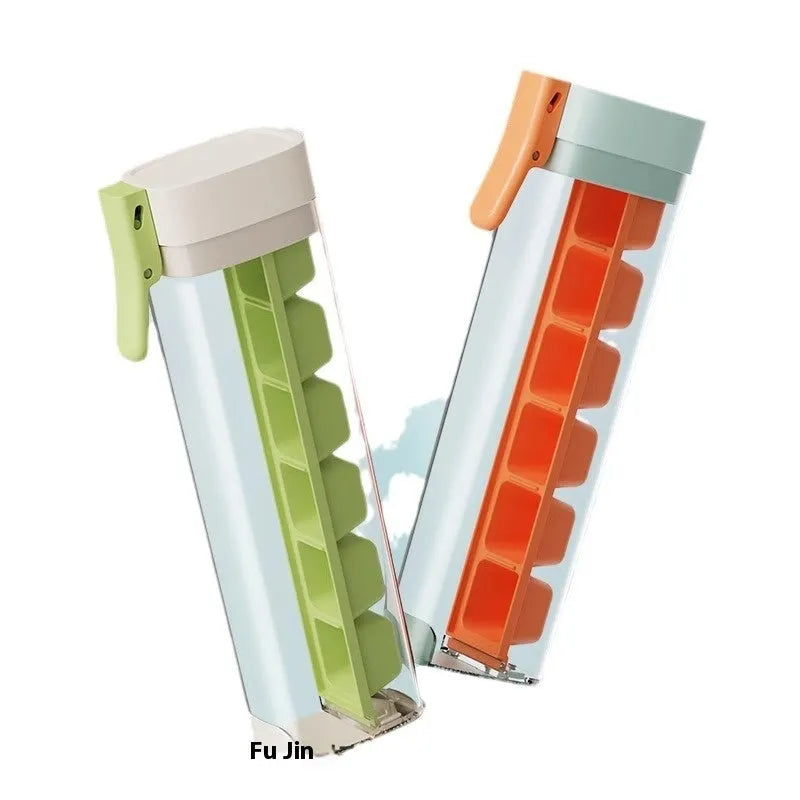 Food grade plastic ice cube tray with one-press release lever and storage box in Maldives blue or pearl white