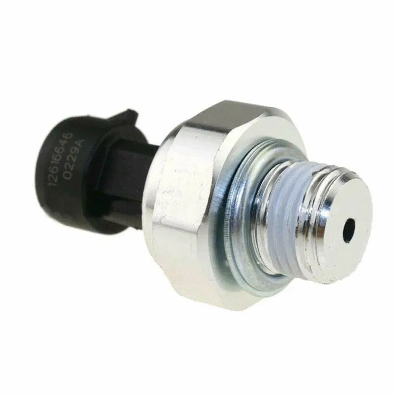 Buick and Chevrolet oil pressure sensor with part numbers 12573107 and 12614969 visible.