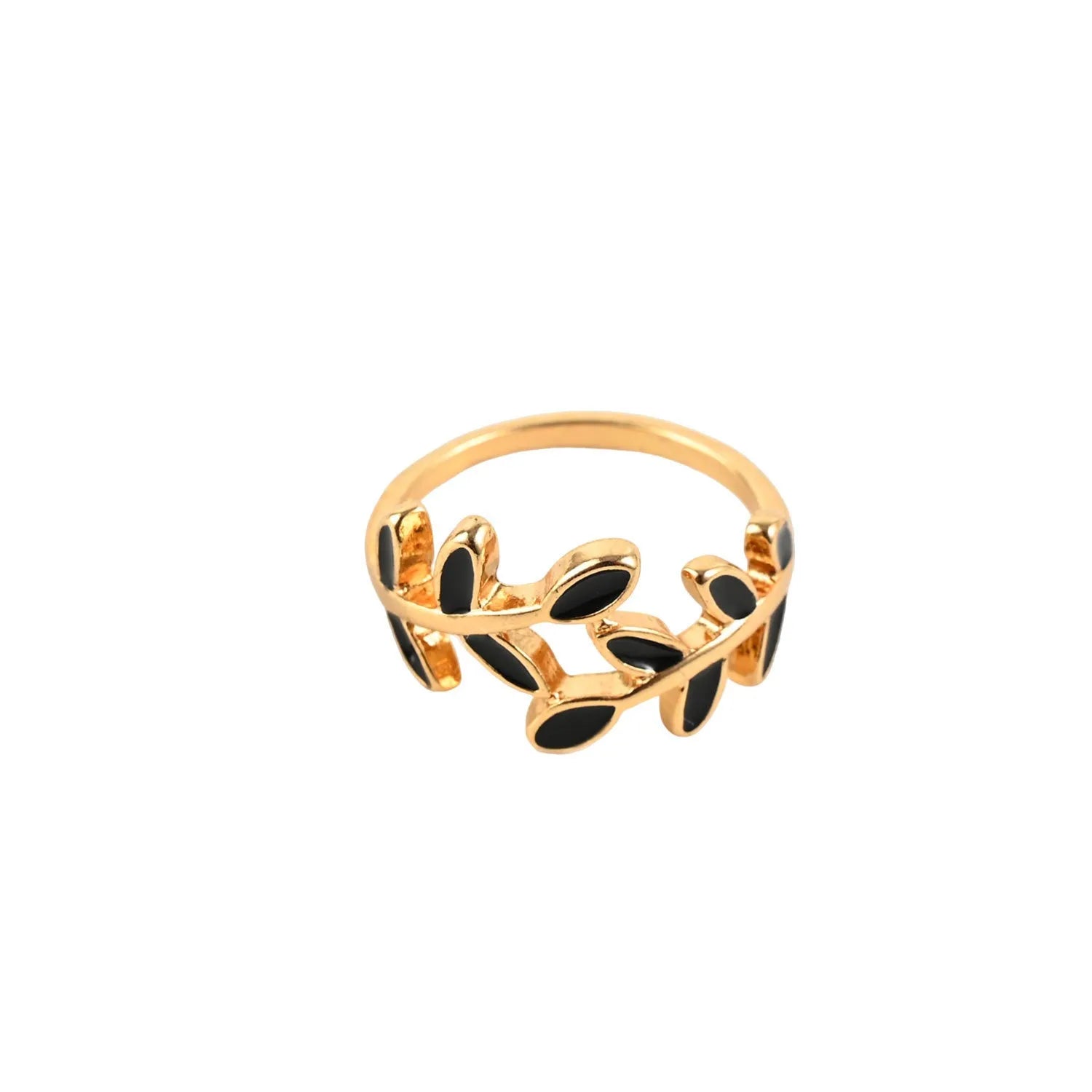 Gold electroplated geometric leaf ring with floral elements for women's index finger