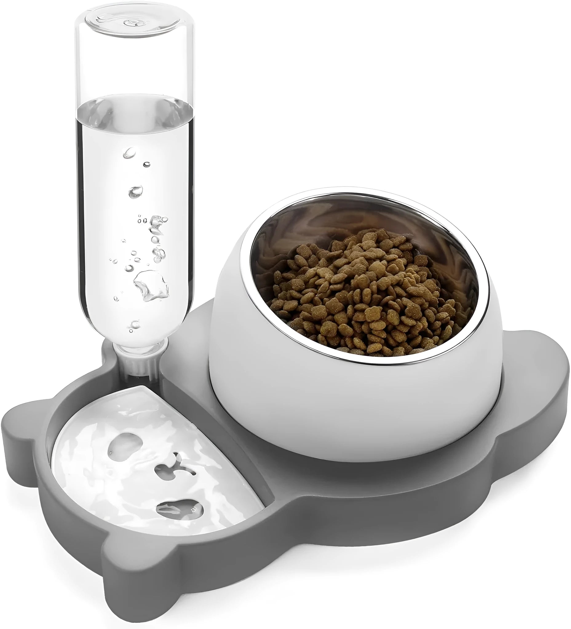 Grey panda-shaped elevated pet feeder with tilted stainless steel bowls and attached water bottle