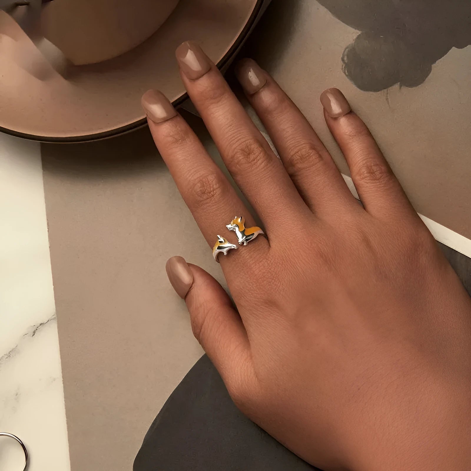 Silver cartoon corgi dog ring with electroplated SCR1014-E colour finish for women