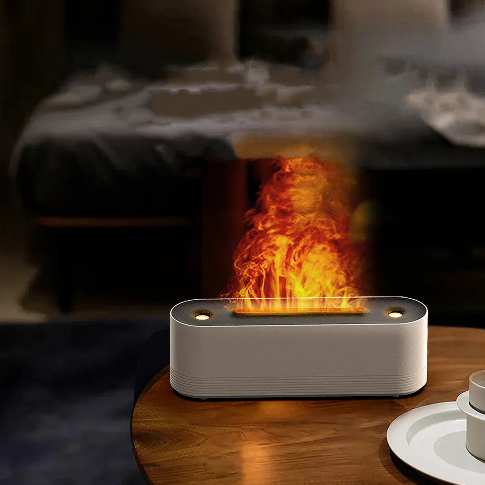 Black or white flame air humidifier and aroma diffuser with LED lights and water mist