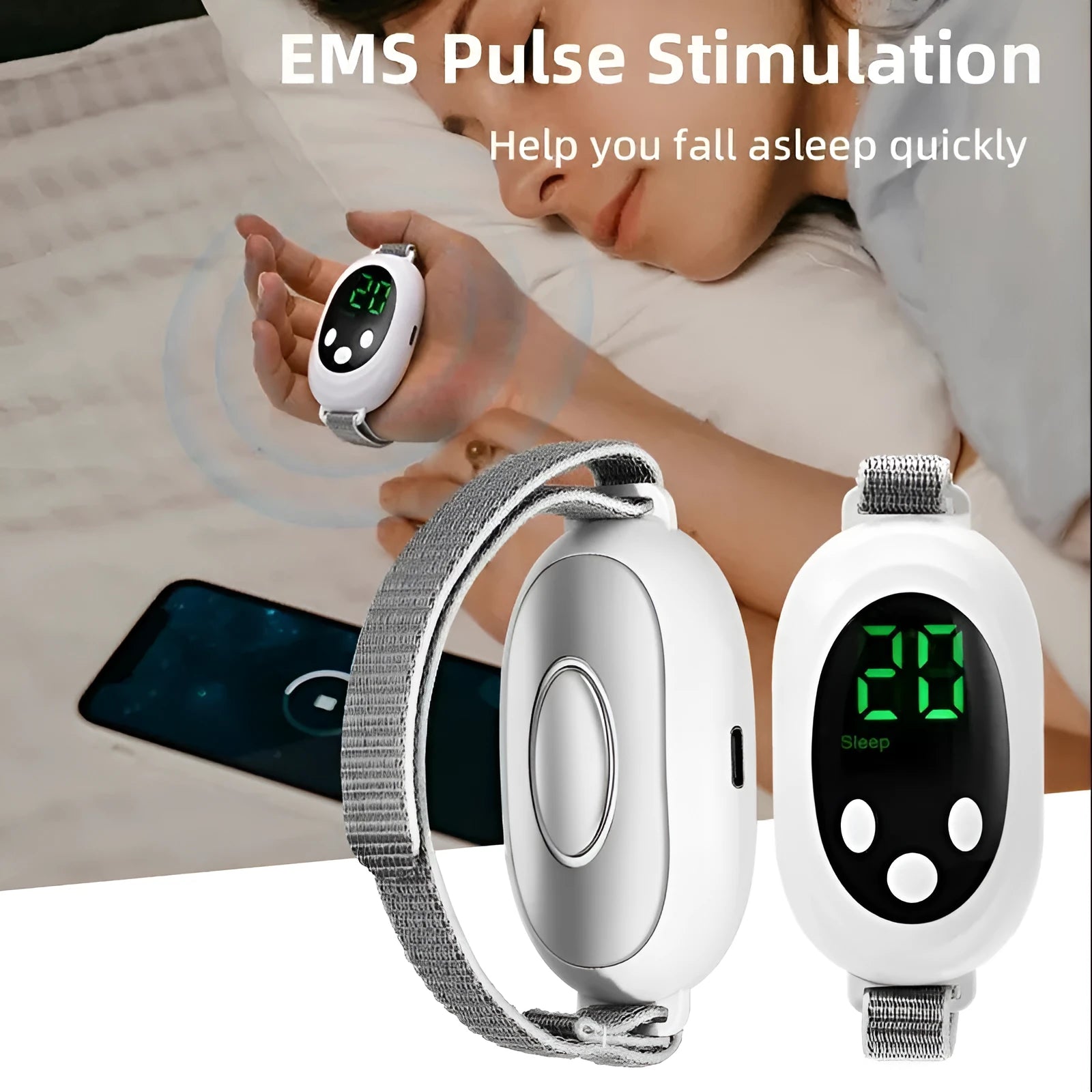 White handheld sleep aid device with remote control and adjustable intensity settings
