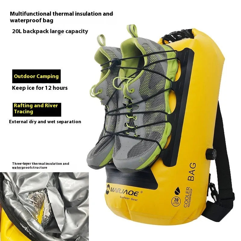 20-litre yellow and black waterproof camping backpack with dry-wet separation compartments for water sports