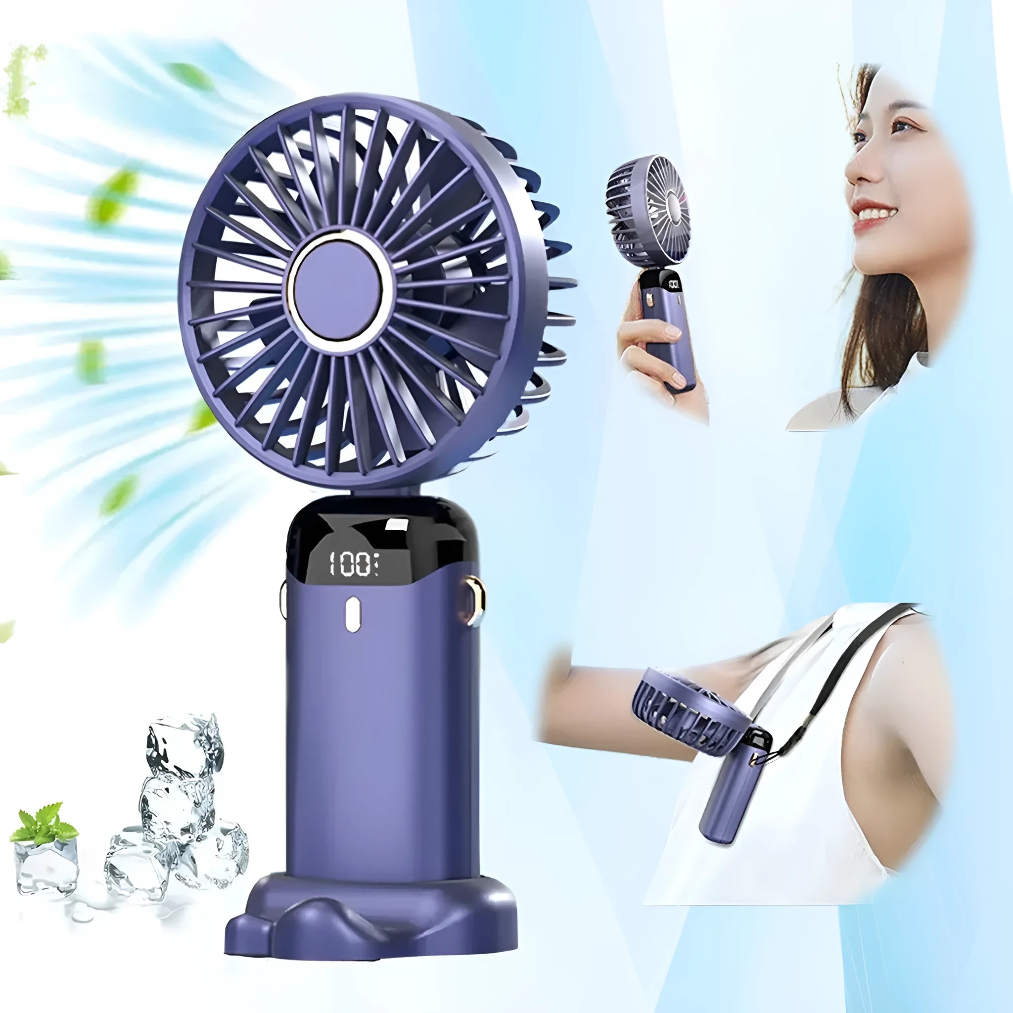 Portable USB rechargeable handheld fan with foldable neck design in multiple colour options