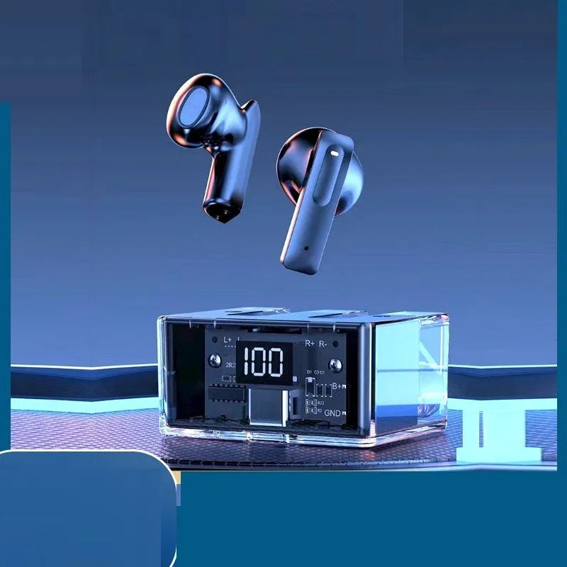True wireless Bluetooth earbuds in a transparent charging case with a digital display, shown in light blue.