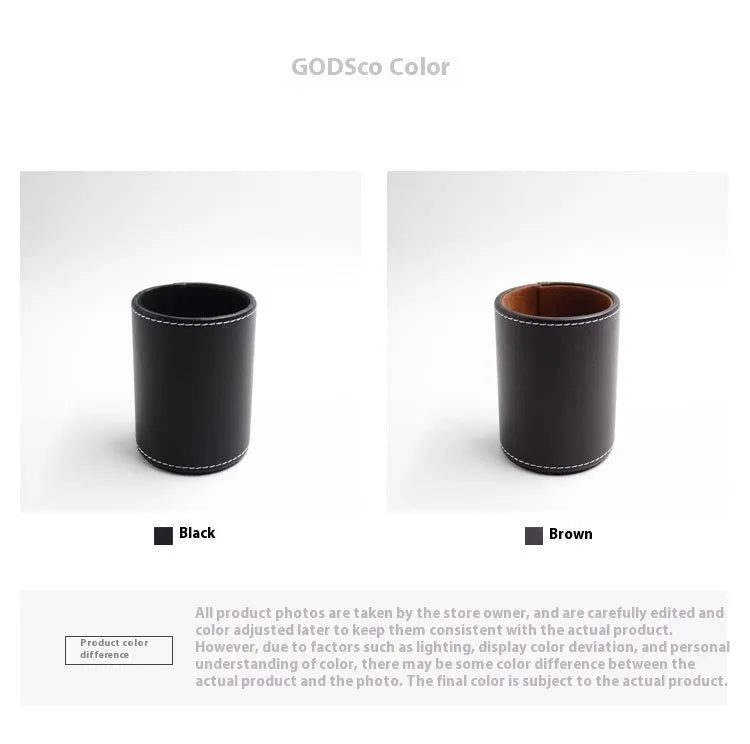 Round black leather pen holder with 8cm diameter and 10.8cm height cylindrical design