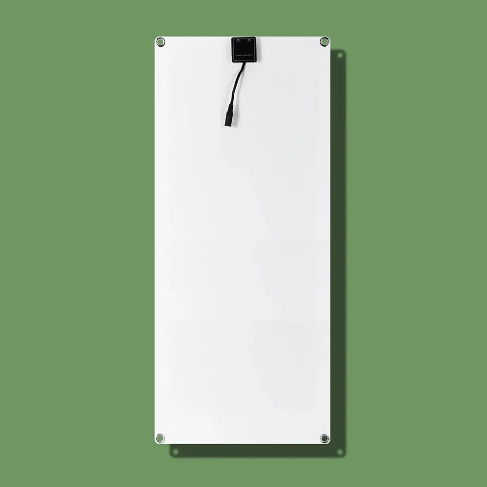 30W semi-flexible solar panel showing USB port for charging mobile devices.