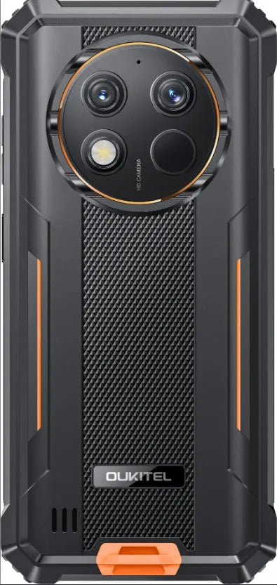 OUKITEL G1 mobile phone in grey, green, or orange colour with included charger.
