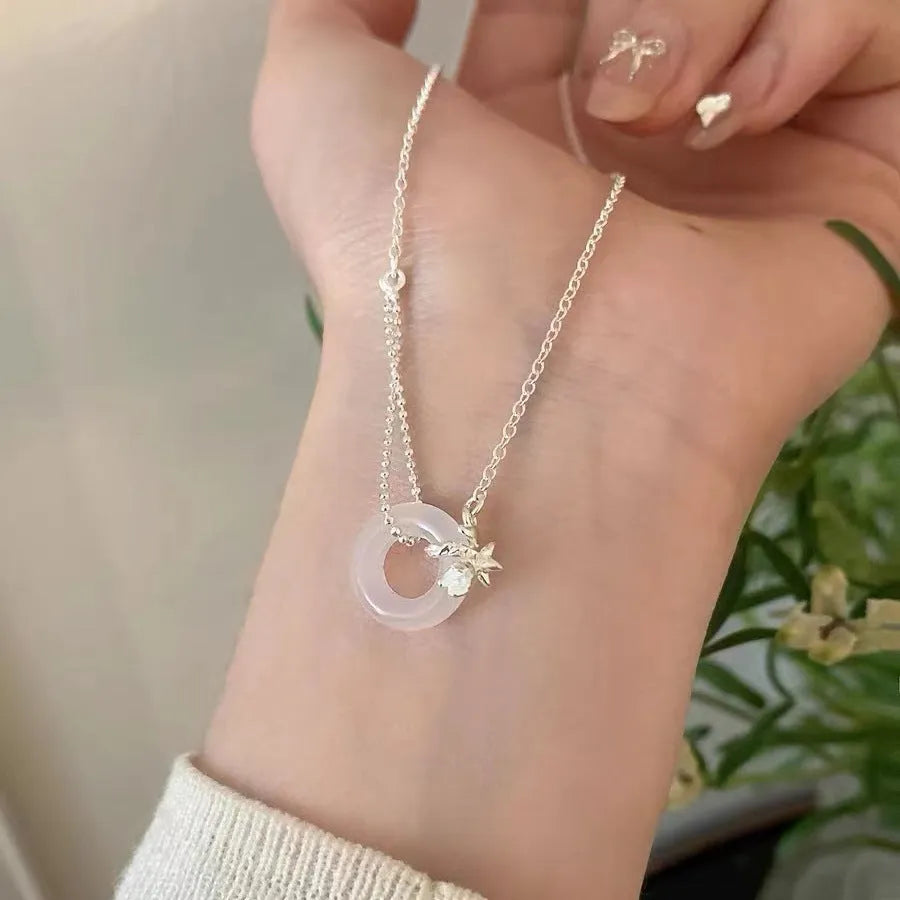 925 silver tulip white jade peace buckle necklace with cross chain on woman