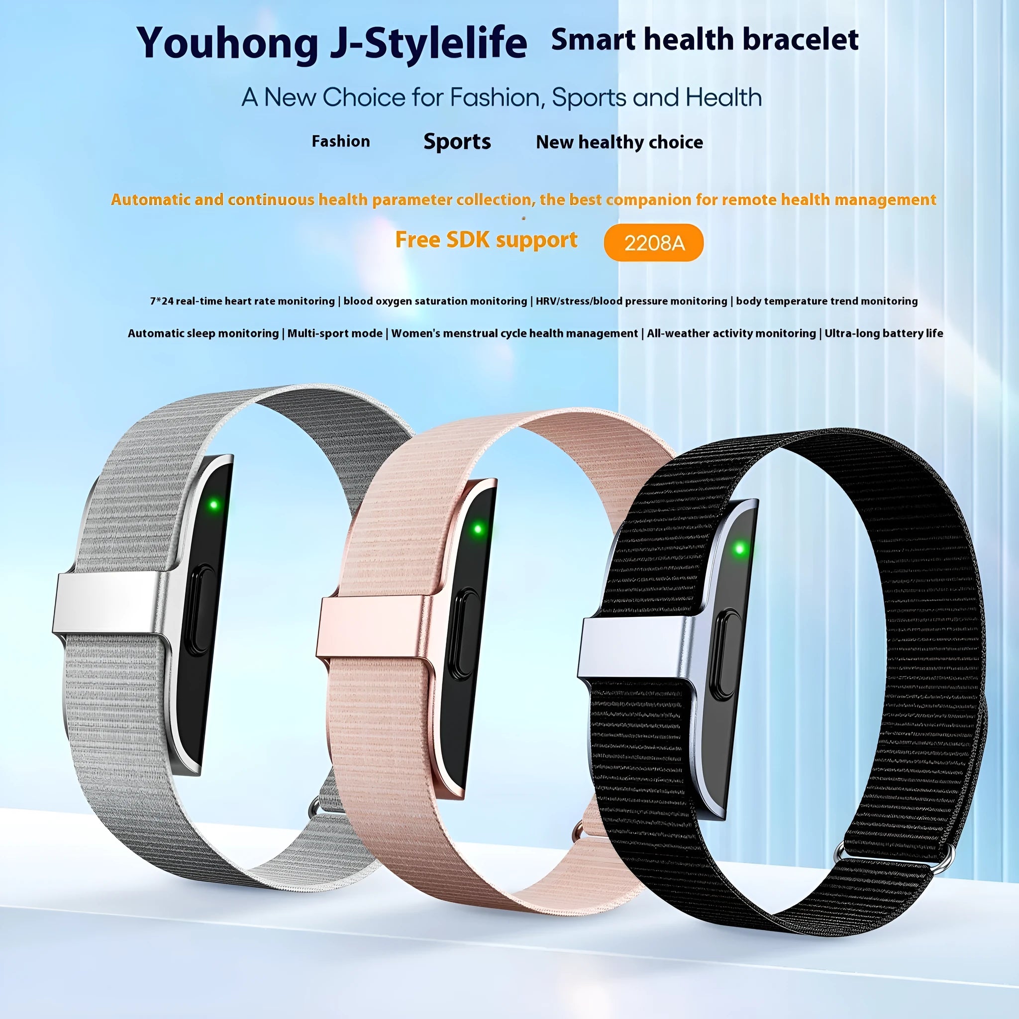 Smart bracelet in silver with heart rate blood pressure sleep and blood oxygen monitoring on display, waterproof sports design