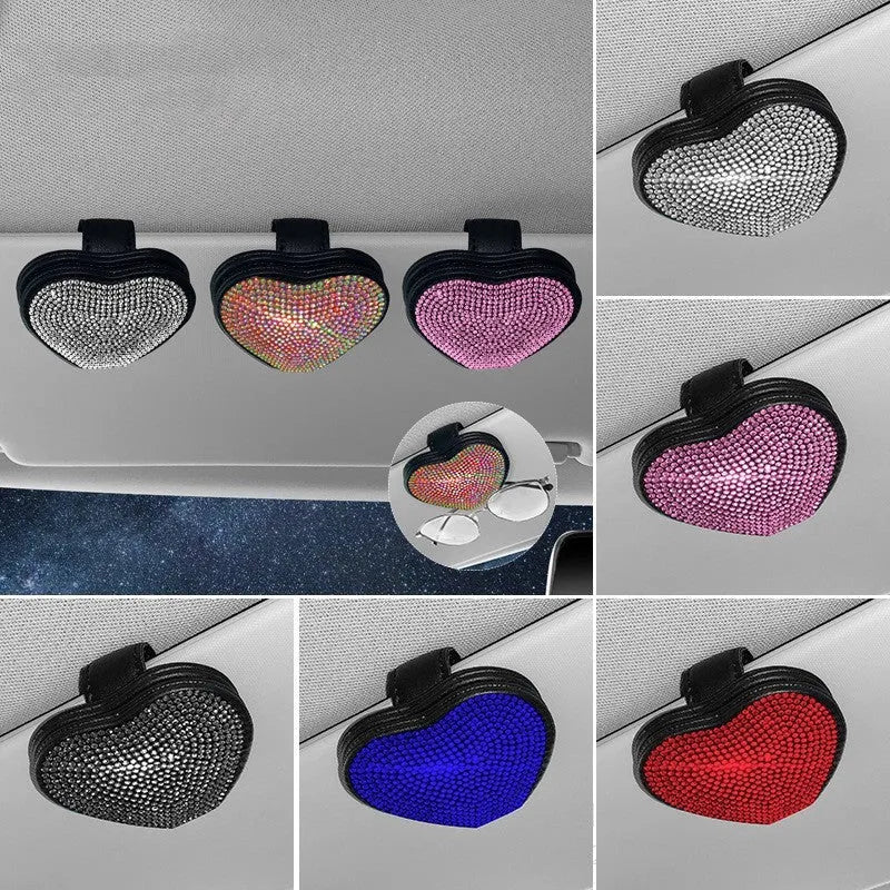 Colourful diamond-encrusted PU leather car sun visor clip with magnetic document holder and glasses clip