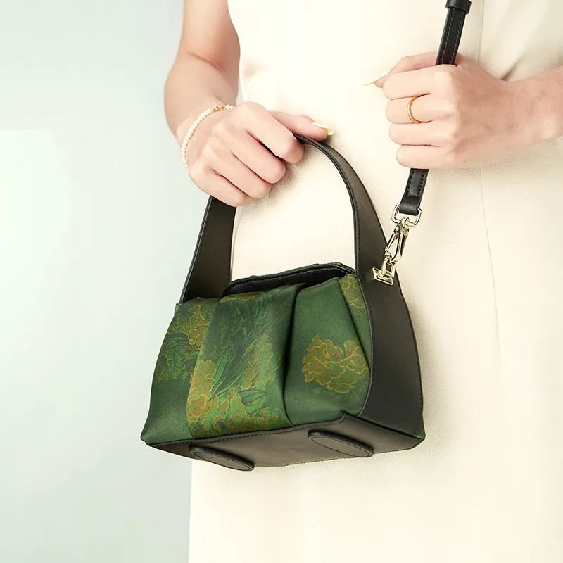 New Chinese style silk hand-held crossbody bag with Xiangyun yarn print in dark green
