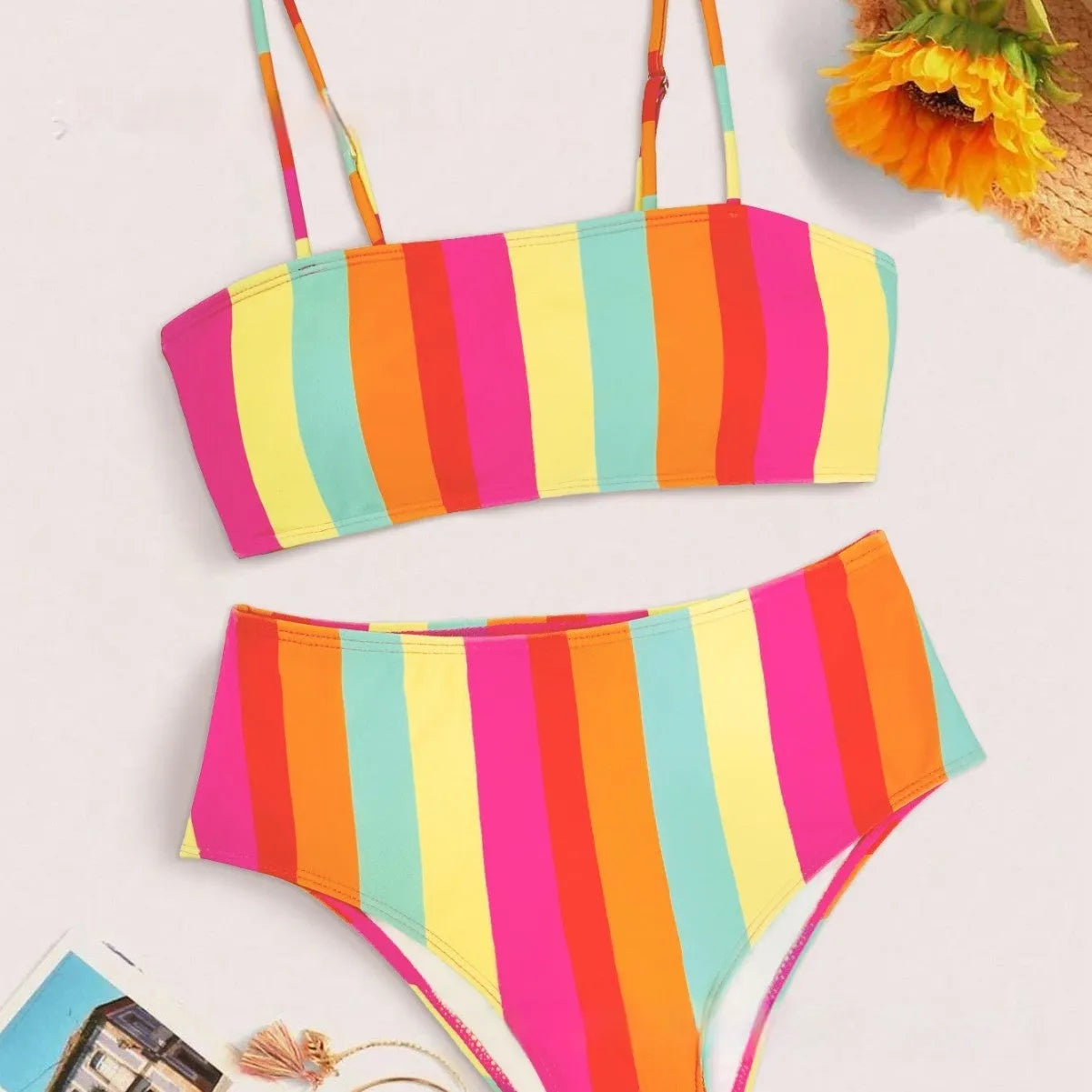 Women's printed striped high-waist bikini set with triangle top and shorts in colour stripes