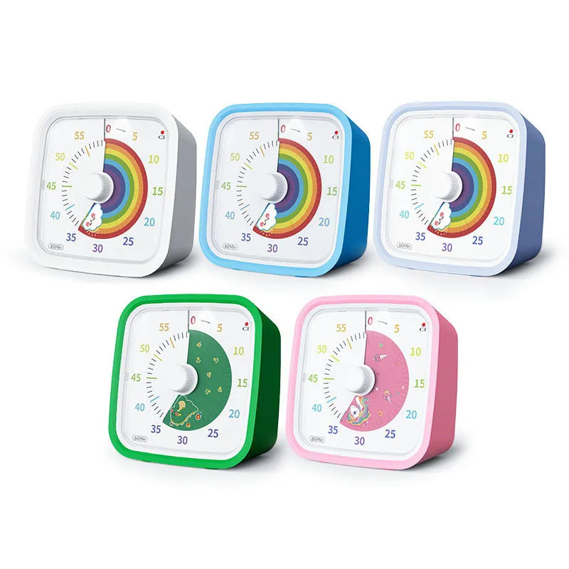 Anti-fall cartoon children's mute timer alarm clock with plastic shell in blue rainbow colour, compact 10x10x6cm size