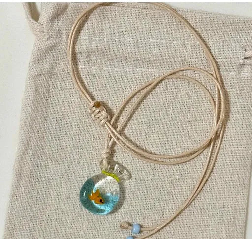 Women's skirt joker pendant necklace with coloured glaze charm on cotton linen chain