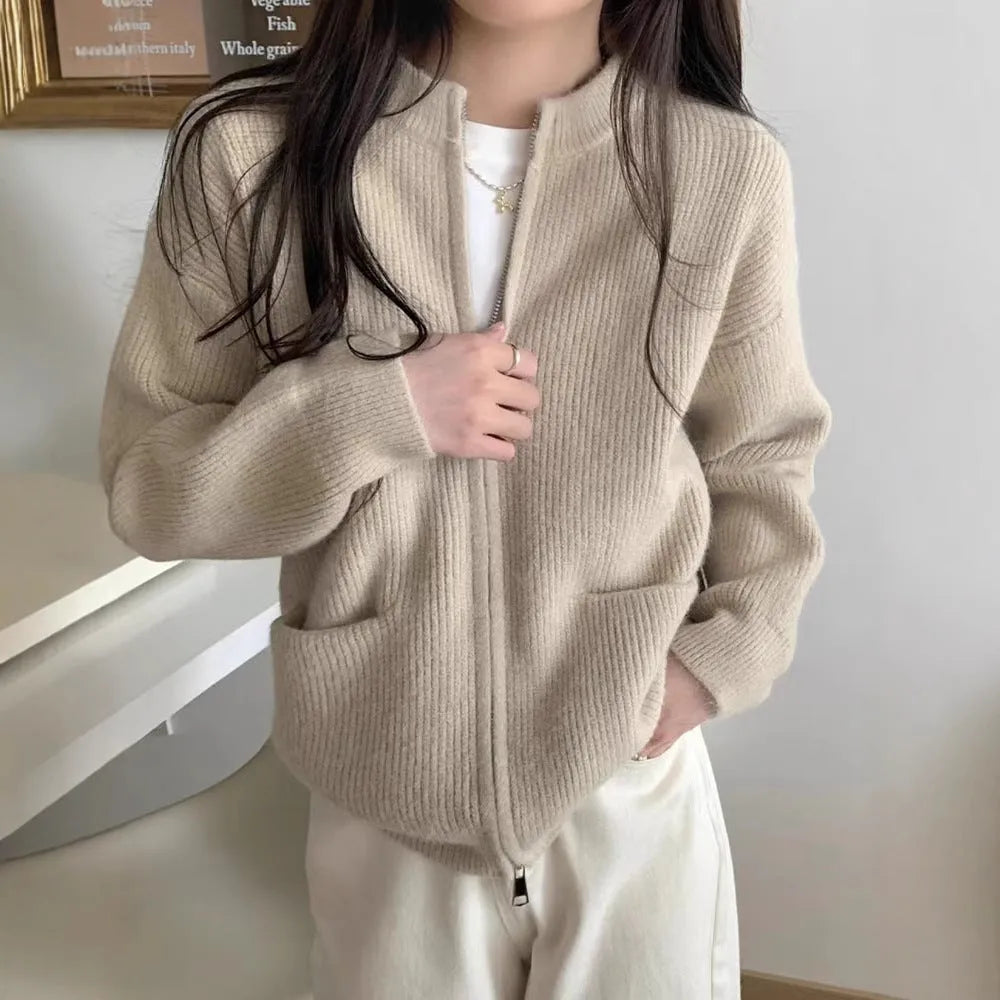 Beige viscose knit sweater coat for women, shown as an open-front cardigan with long sleeves.