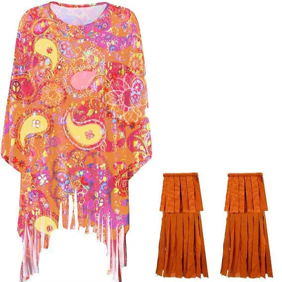 Tie dye printed Spandex cloak costume with dramatic bell sleeves in multiple colours.