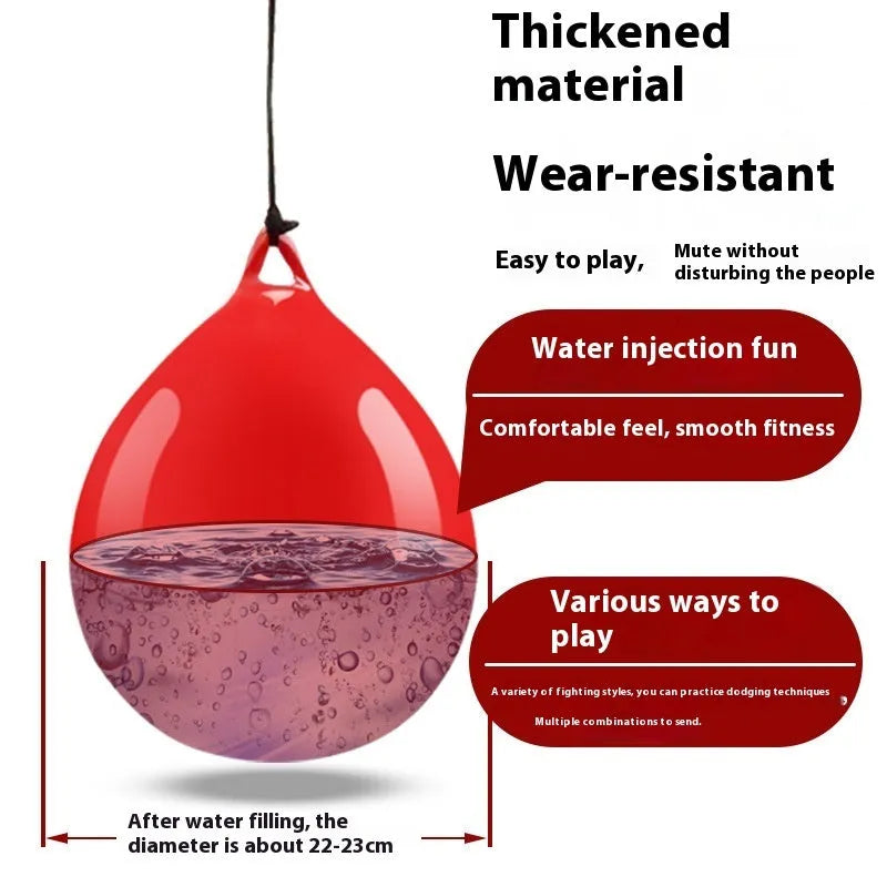 Red PVC water-filled boxing reaction ball with black hook rope sling for speed training.