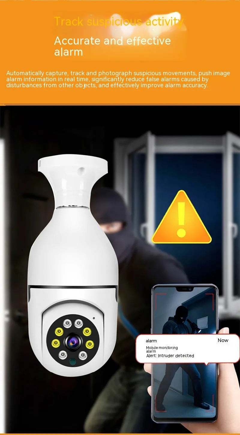 White wireless bulb security camera with a lens, shown next to a scale indicating its 5cm by 12cm dimensions.