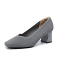 Women's thick heel stiletto knitted shoes in black, side view, square toe, mid-block heel