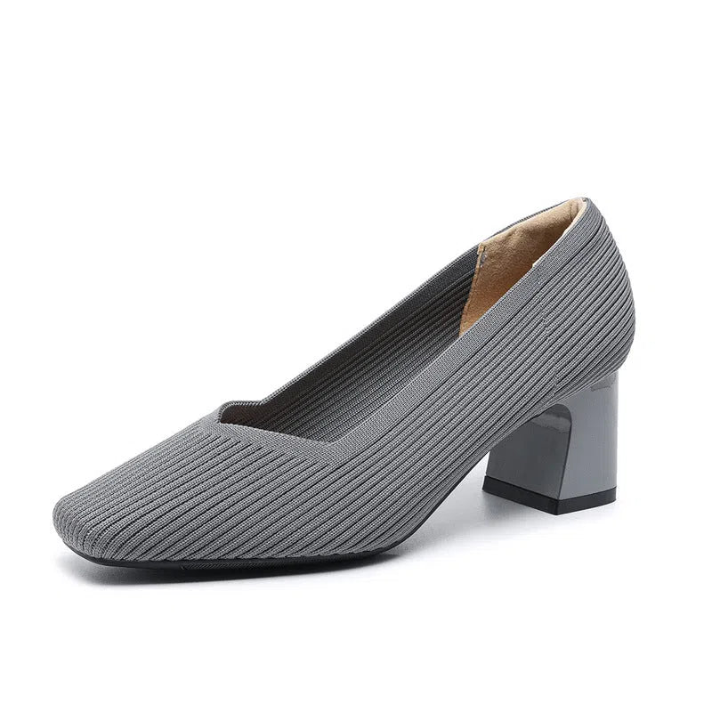 Women's thick heel stiletto knitted shoes in black, side view, square toe, mid-block heel