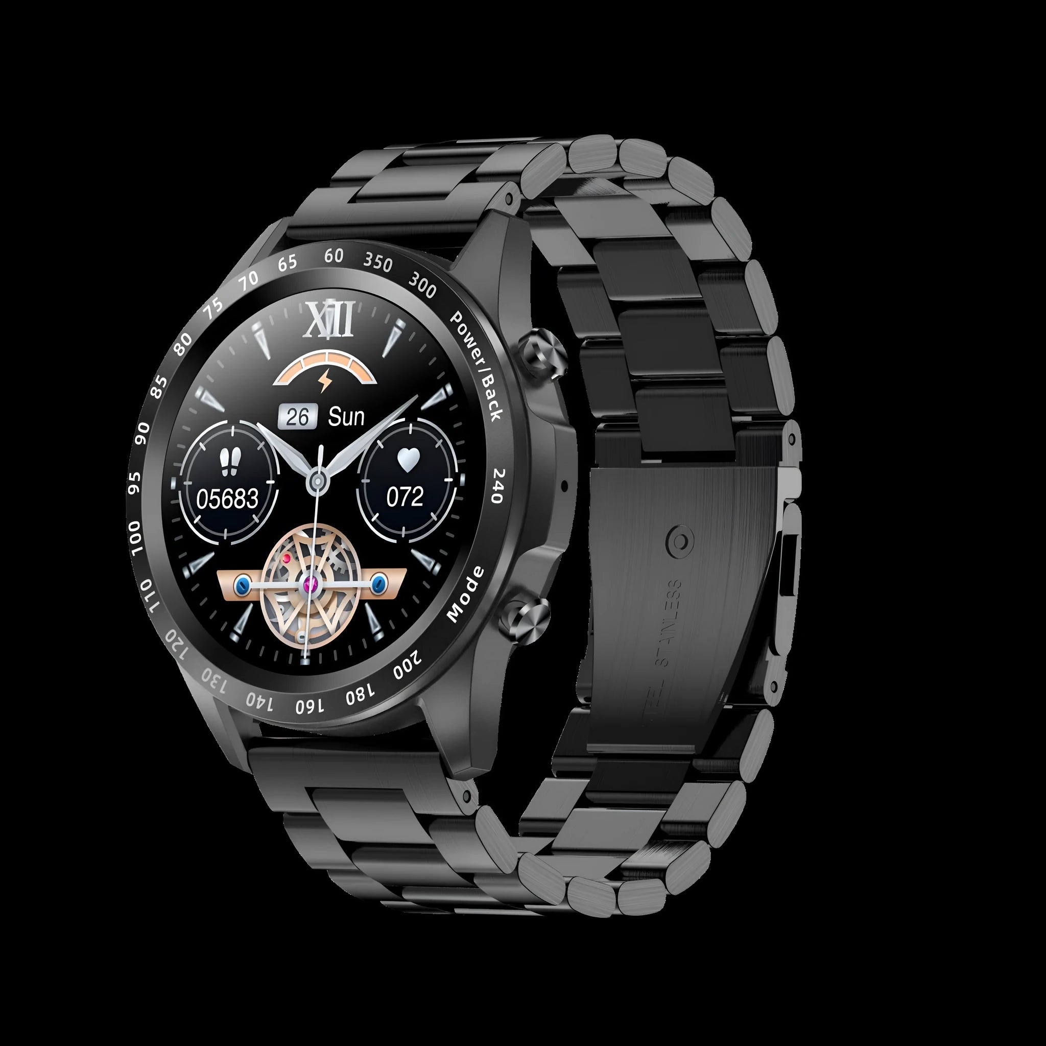 Zinc alloy Bluetooth smart watch with heart rate monitor on a leather strap showing its 1.3 inch touchscreen.