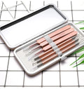 Six-piece stainless steel acne remover beauty tool set in rose gold
