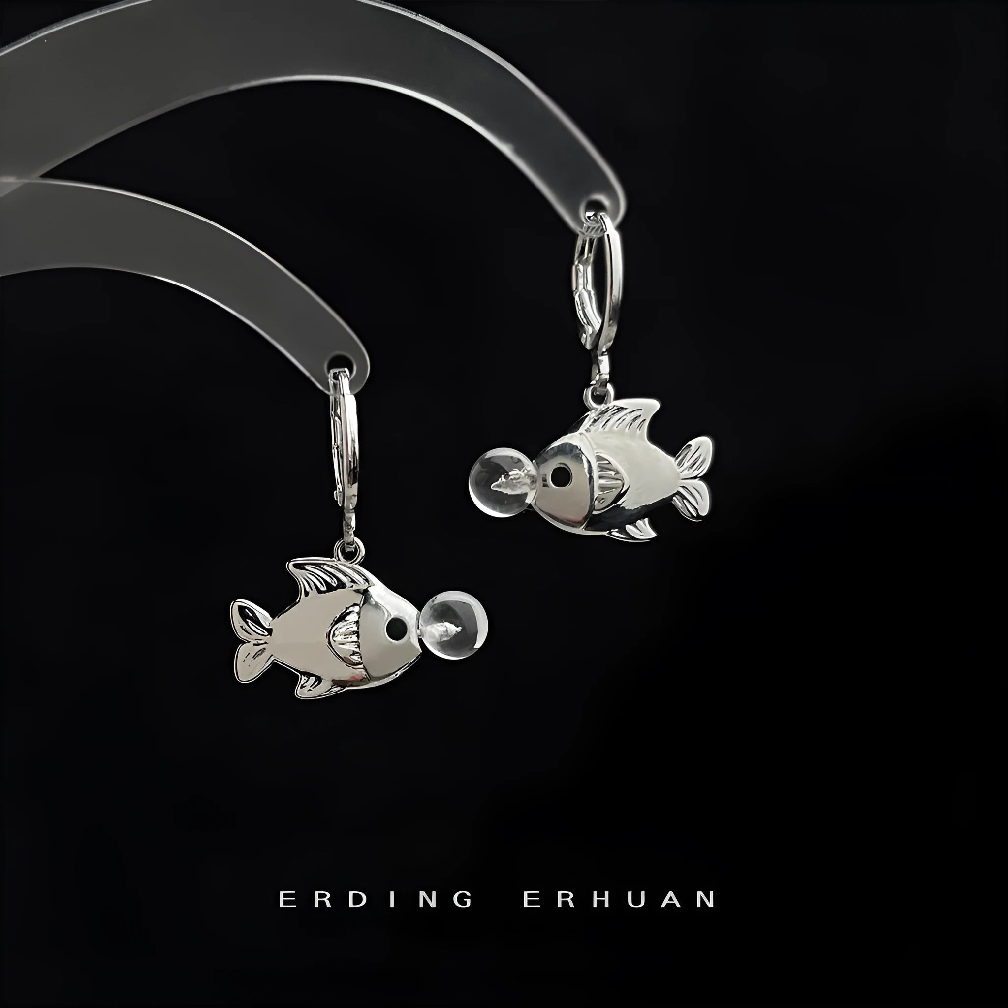 Pair of bubble fish earrings with goldfish design in electroplated copper