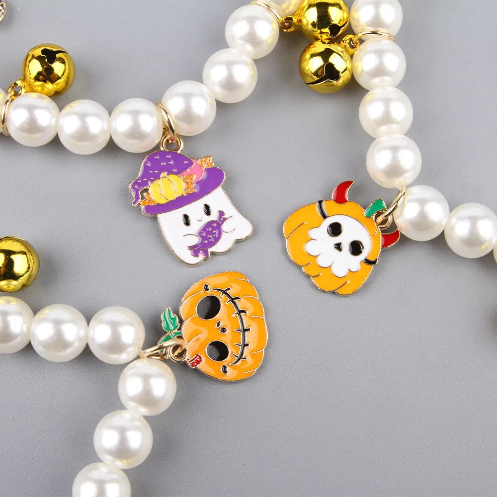 Halloween cat collar with simulated pearl necklace decoration in pumpkin design options