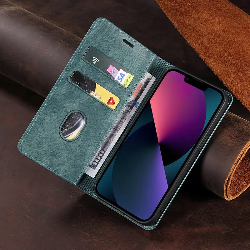 Magnetic flip phone case for iPhone in leather and TPU, shown in multiple colour options.