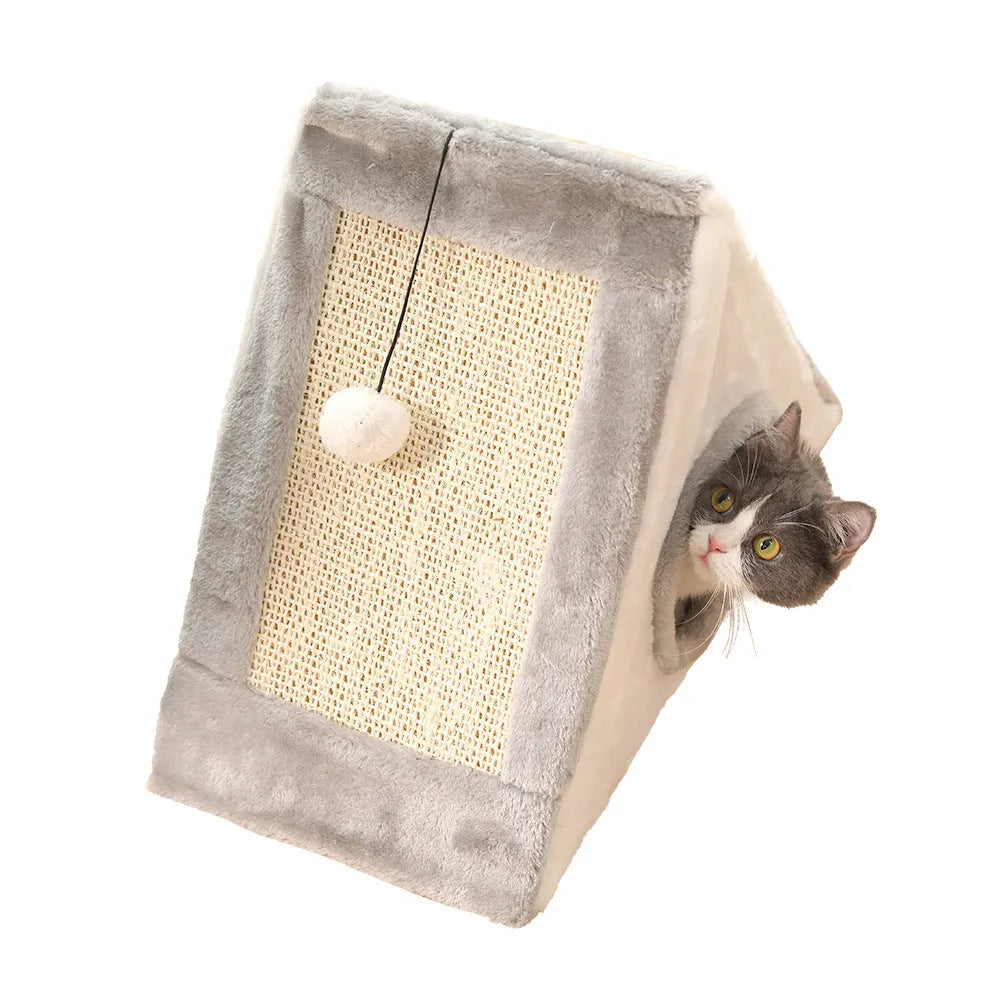 Triangular cat scratching toy and pet bed with sisal surfaces and plate fur covering in grey white colour
