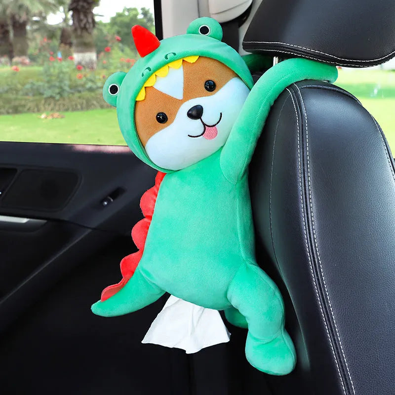 Plush car seat tissue holder with strap attached to vehicle seat back in animal design