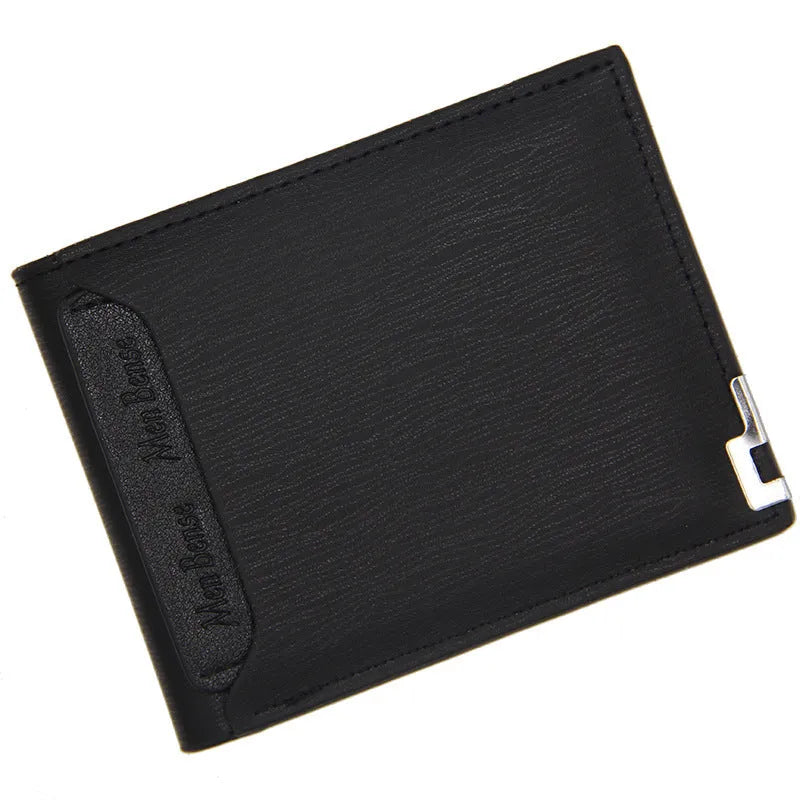 Men's black PU leather short wallet showing iron-edge card-picking slots and phone compartment.