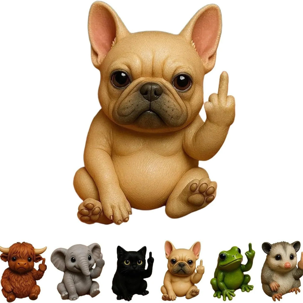 Mini resin animal doll figurine making a middle finger gesture, shown in one of seven animal styles.